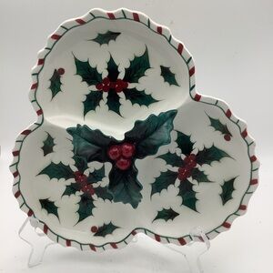Vintage Lefton Holly Candy Cane Three Section Candy Dish